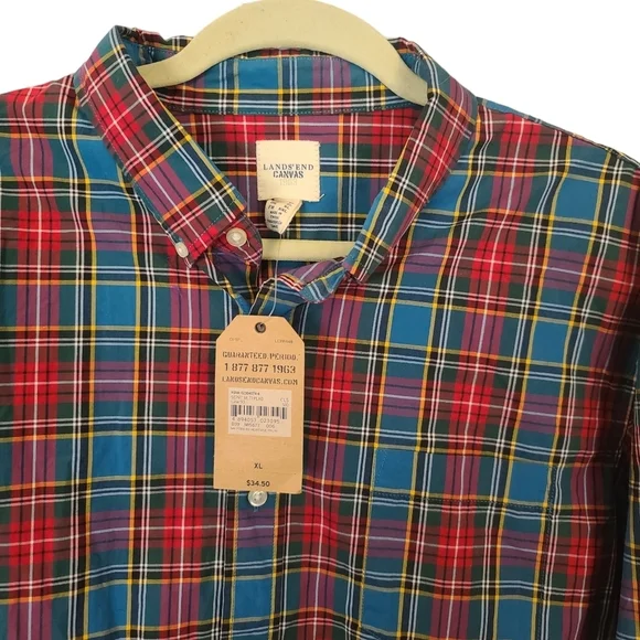 Lands End Men's Plaid Button Down Dress Shirt XXL NWT Red & Blue - Picture 3 of 5